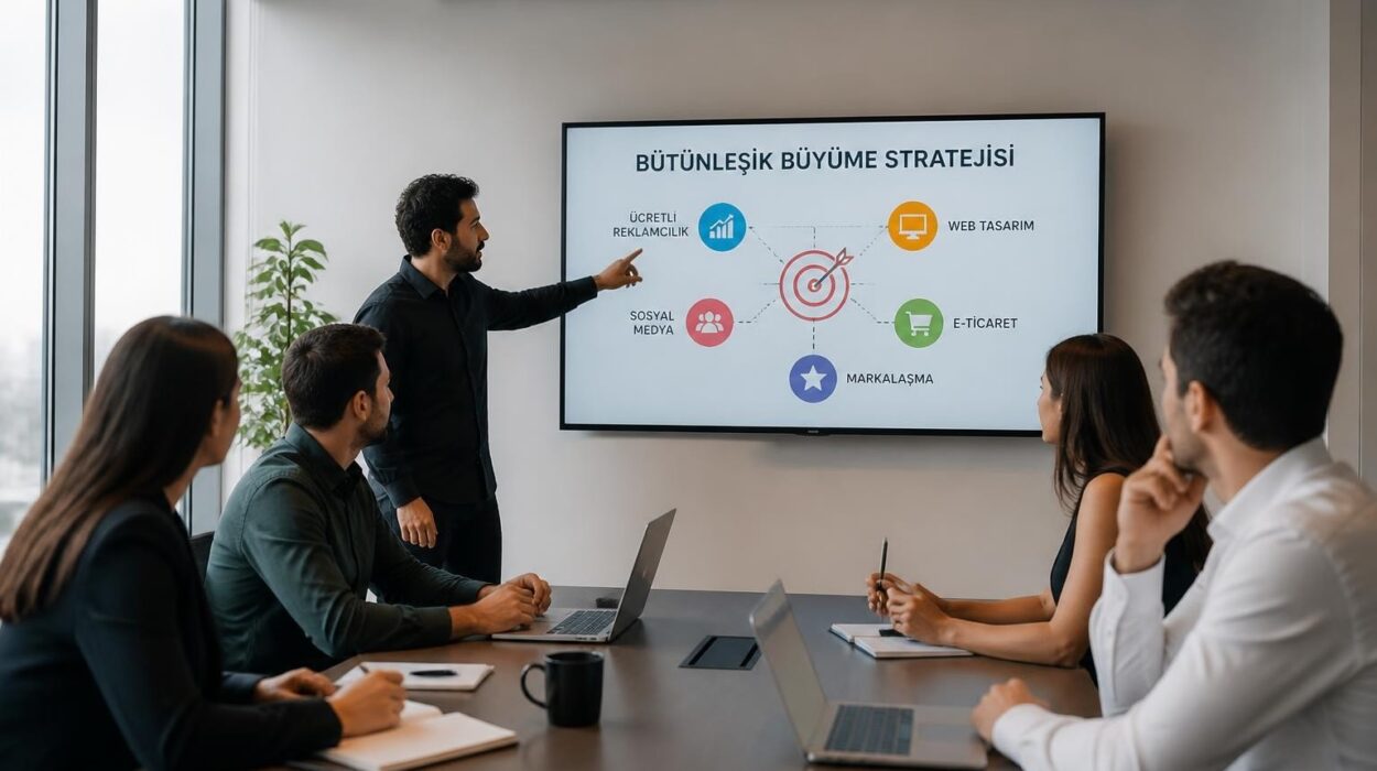Dijital Pazarlama Ajansları 2026 Kapsamlı Rehber - Farah Creative Man presenting a growth strategy diagram to colleagues around a conference table.