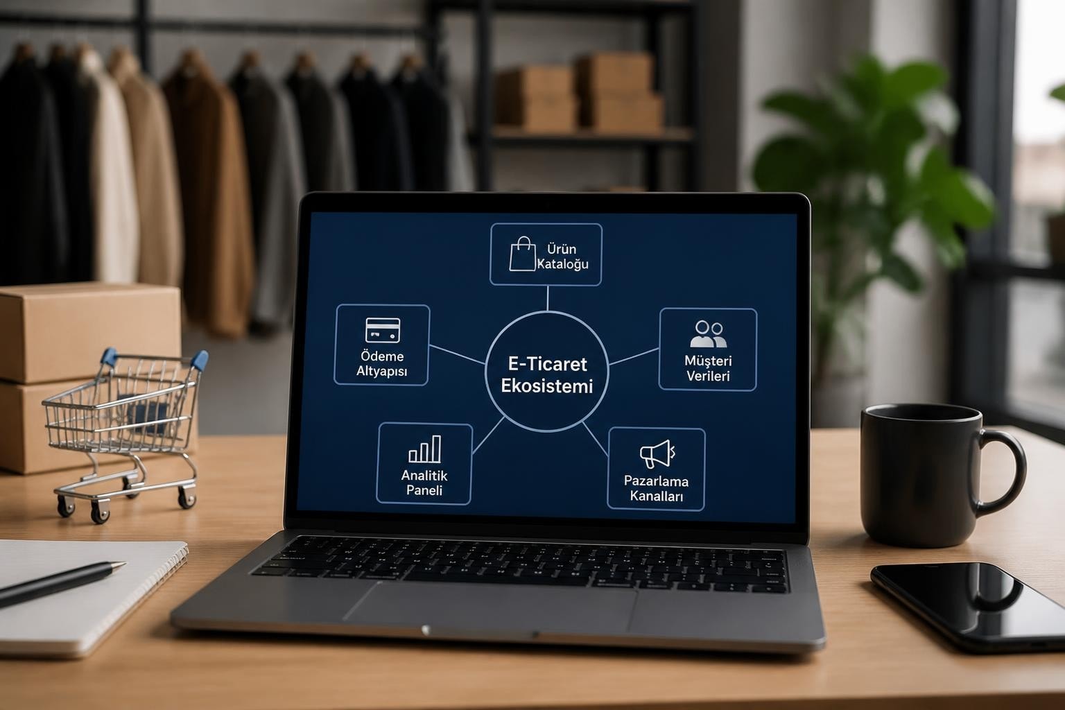 E Ticaret Siteleri 2026 Kapsamlı Kurulum ve Büyüme Rehberi - Farah Creative Laptopta ekosistem diyagramı: 'E-Ticaret Ekosistemi' merkezi daireyle çevresinde Ürün Kataloğu, Ödeme Altyapısı, Analitik Paneli, Pazarlama Kanalları ve Müşteri Verileriyle ilişkilendirilmiş görsel açıklamasıyla.” ,