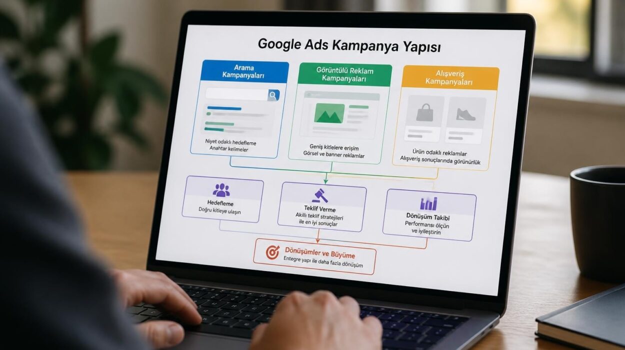Google Reklamları Rehberi Stratejiler ve İpuçları - Farah Creative Laptop showing a Turkish Google Ads kampanya yapisi diagram with three campaign blocks: Arama, Görüntülü Reklam, Alışveriş; plus bottom execution steps like Hedefleme, Teklif Verme, Dönüşüm Takibi.