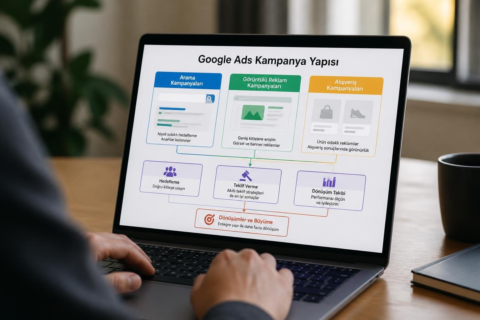 Laptop showing a Turkish Google Ads kampanya yapisi diagram with three campaign blocks: Arama, Görüntülü Reklam, Alışveriş; plus bottom execution steps like Hedefleme, Teklif Verme, Dönüşüm Takibi.