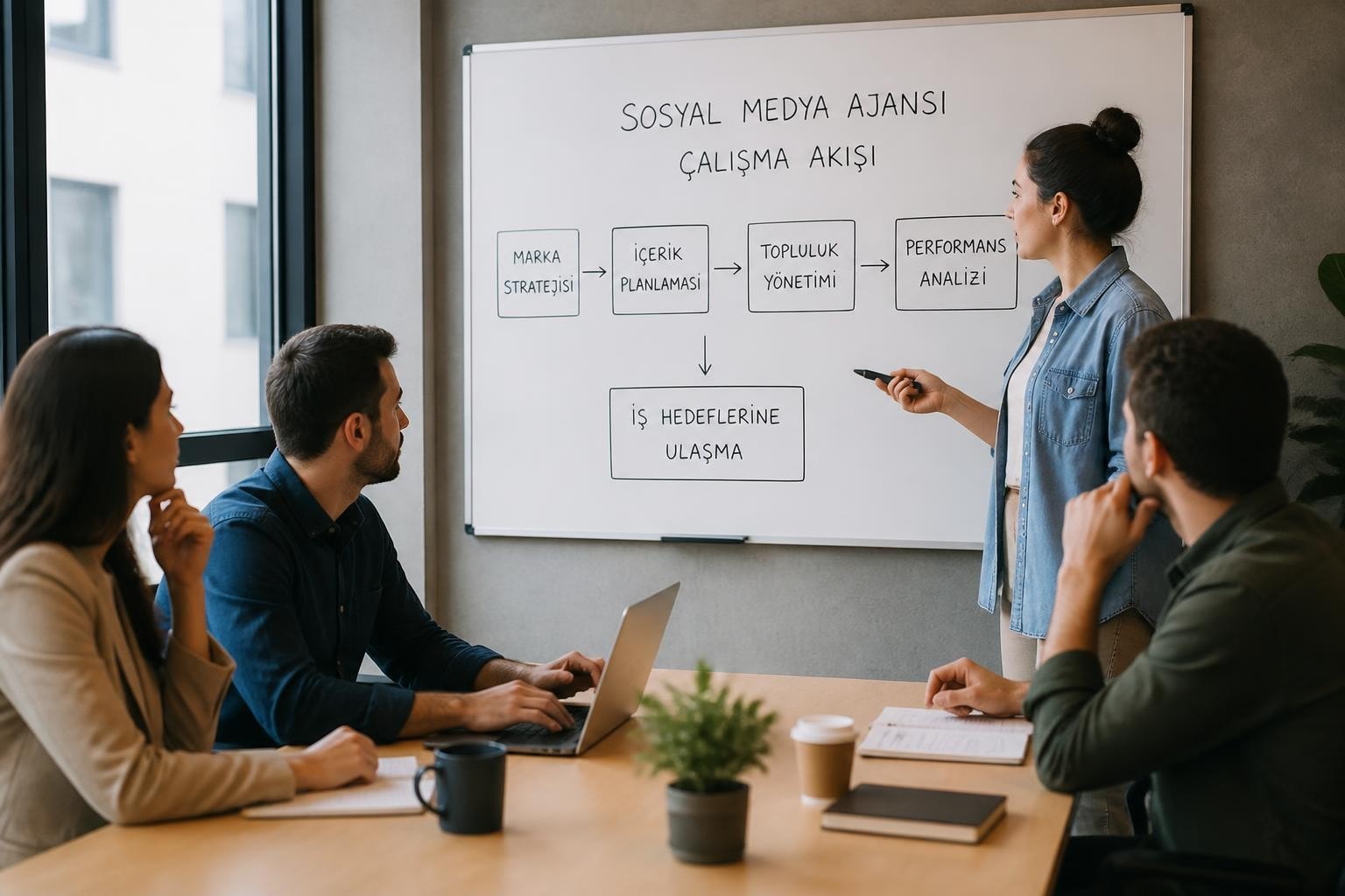Team presents a whiteboard flowchart titled 'Sosyal Medya Ajansı Çalışma Akışı' in Turkish during a meeting.