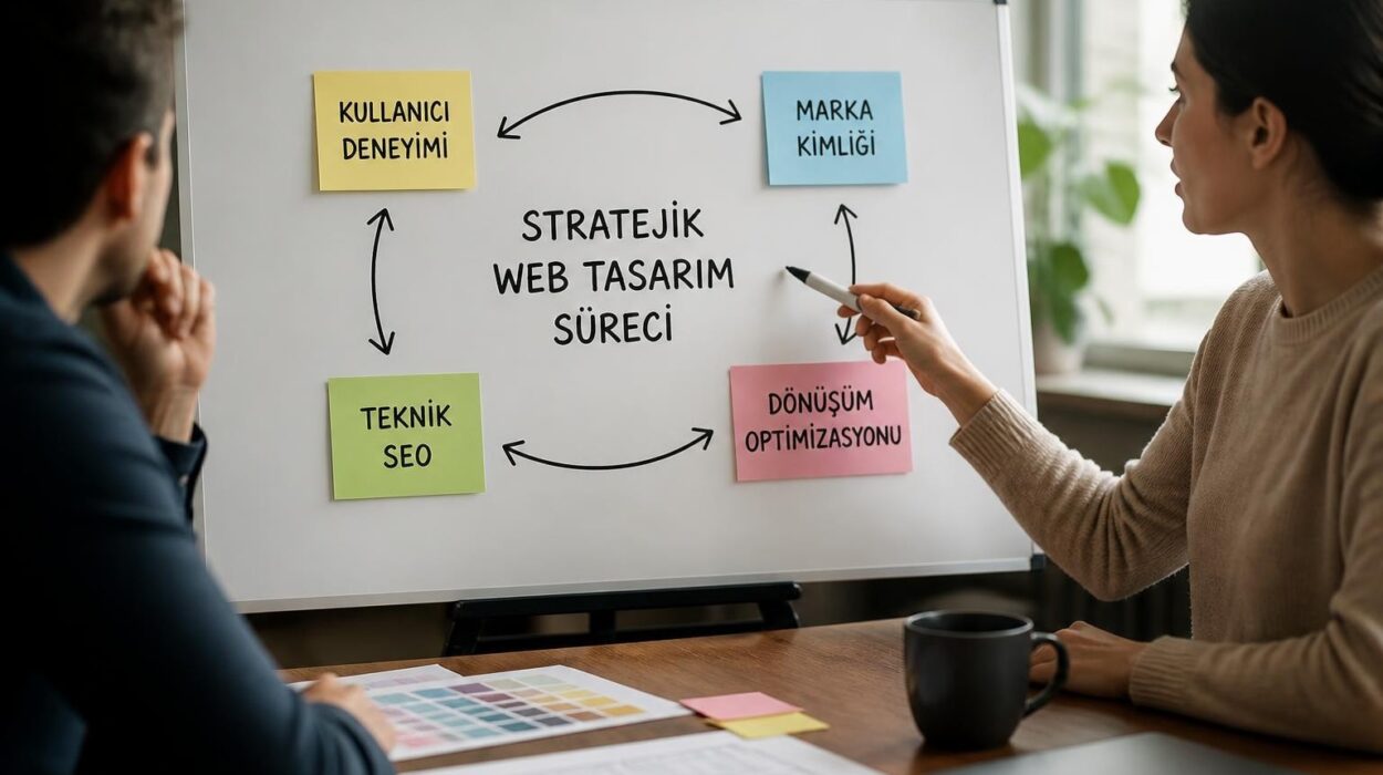 Web Site Tasarımı Profesyonel Dijital Varlık Rehberi - Farah Creative Two people discuss a strategic web design process on a whiteboard showing UX, brand identity, technical SEO, and conversion optimization notes with arrows linking them.