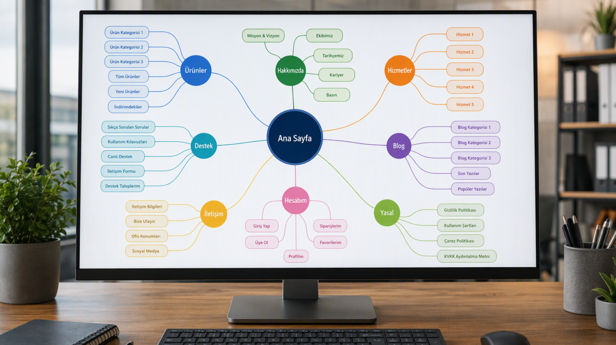 Colorful mind map shown on a computer monitor with 'Ana Sayfa' at the center and branches for Ürünler, Hizmetler, Blog, Destek, İletişim, Yasal, Hakkımızda, Hesabım.
