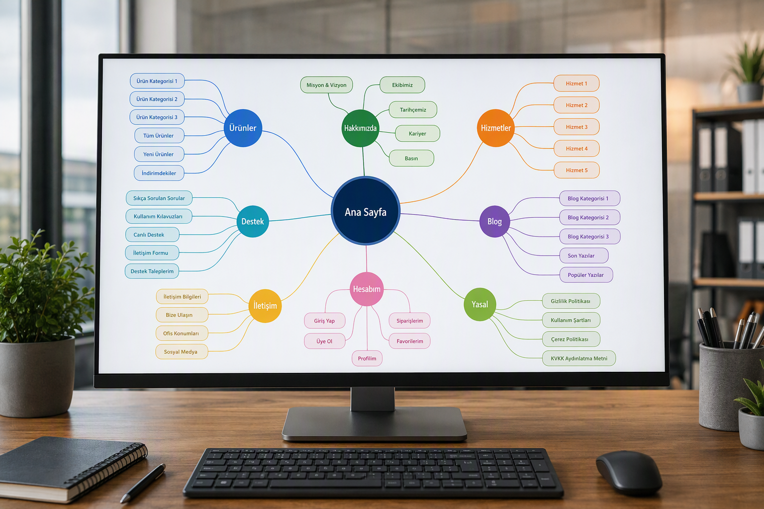Colorful mind map shown on a computer monitor with 'Ana Sayfa' at the center and branches for Ürünler, Hizmetler, Blog, Destek, İletişim, Yasal, Hakkımızda, Hesabım.