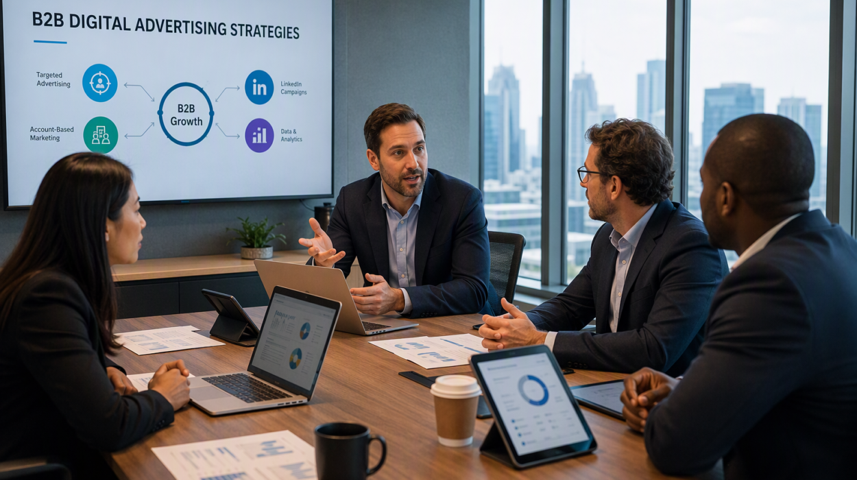 Team of four in a conference room discuss B2B growth strategies; presentation slide reads 'B2B DIGITAL ADVERTISING STRATEGIES' with charts on screen.