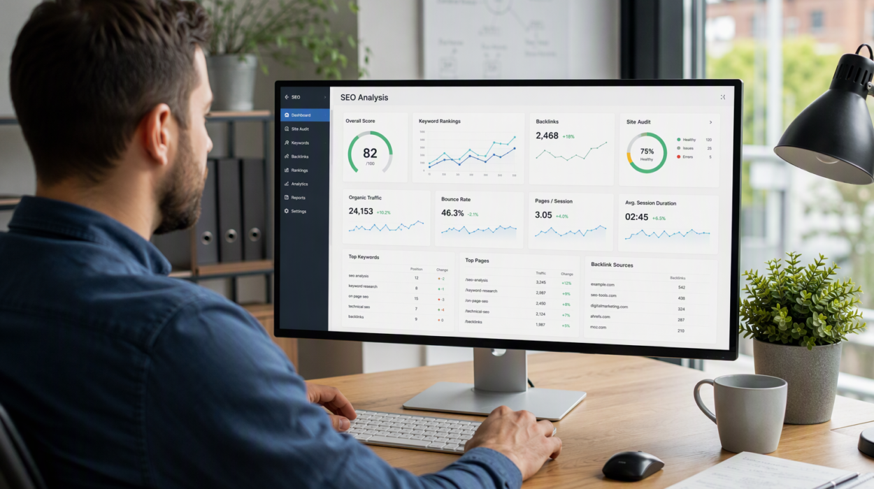 48b9b7cf-a209-4985-b1ad-fcaa91186ed8 - Farah Creative Man sits at a desk focusing on a widescreen monitor displaying an SEO analytics dashboard with charts and metrics.