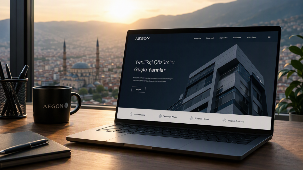 718057b8-04db-4ded-a063-daac763e0f98 - Farah Creative Laptop on a wooden desk displaying a dark corporate website (AEGON) with a city and sunset view through a window behind it.