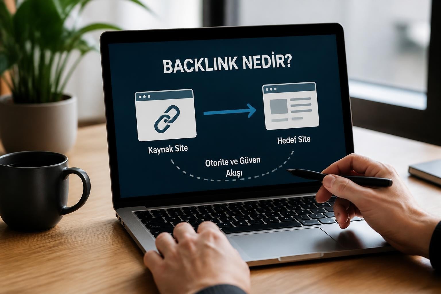 Backlink kavramını gösteren eğitim diyagramı: Kaynak siteden hedef sitelere otorite ve güven akışı.
