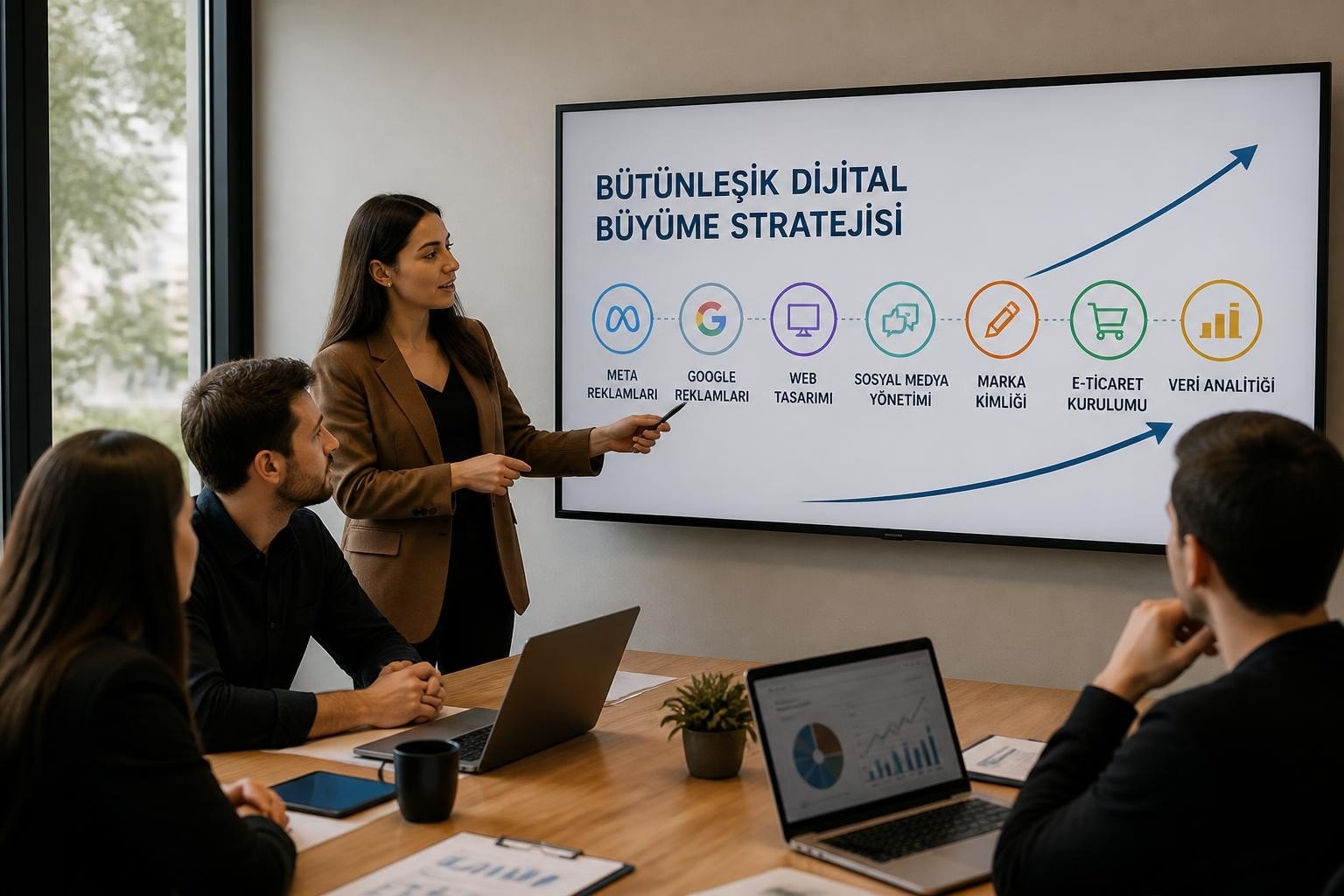 Woman presents a slide titled 'Bütünleşik Dijital Büyüme Stratejisi' to teammates, showing icons for digital marketing steps (ads, design, social media, branding, e-commerce, analytics).