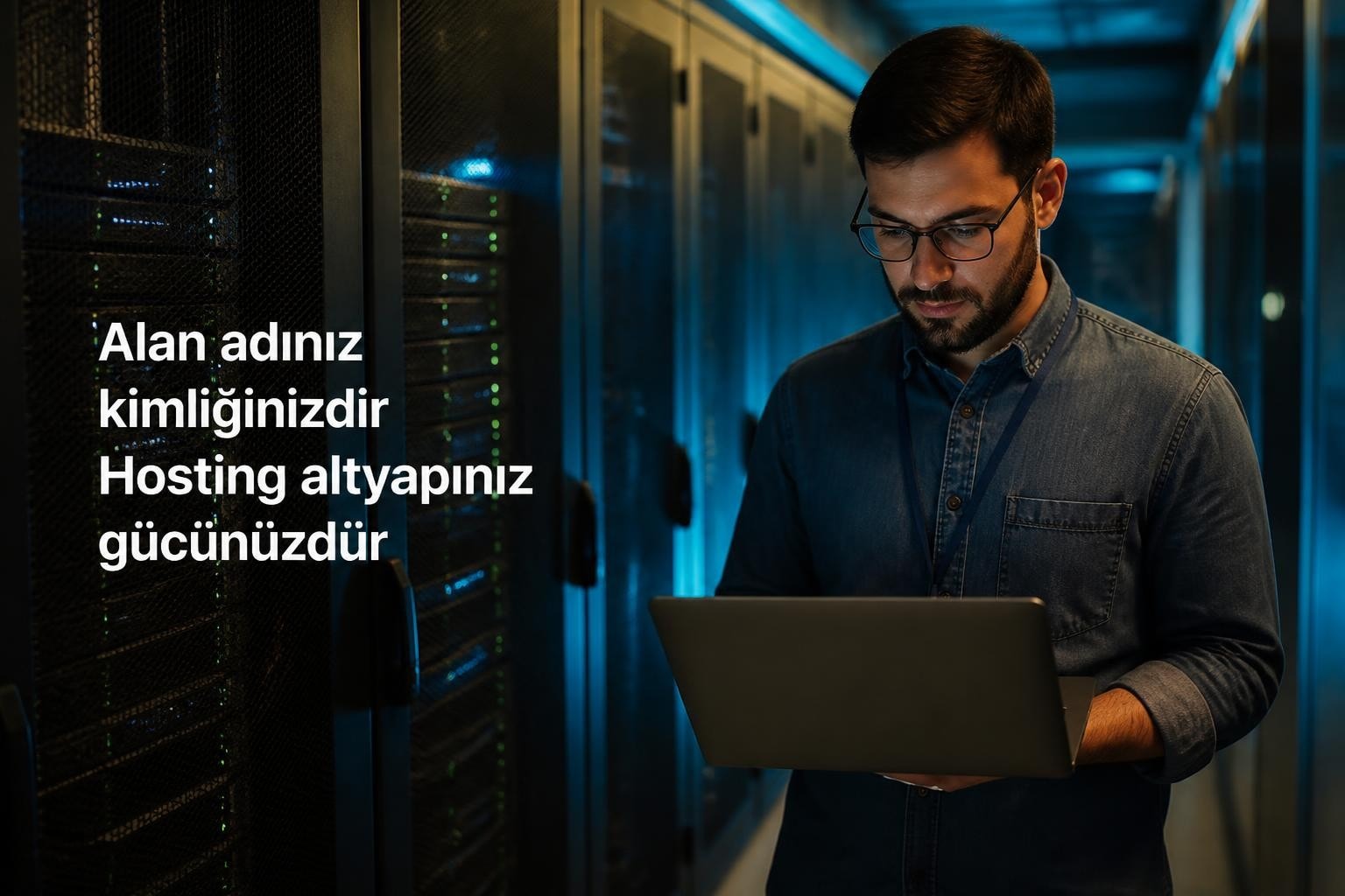 IT professional in a data center using a laptop; left-side Turkish slogan: 'Alan adınız kimliğinizdir Hosting altyapınız gücünüzdür'.