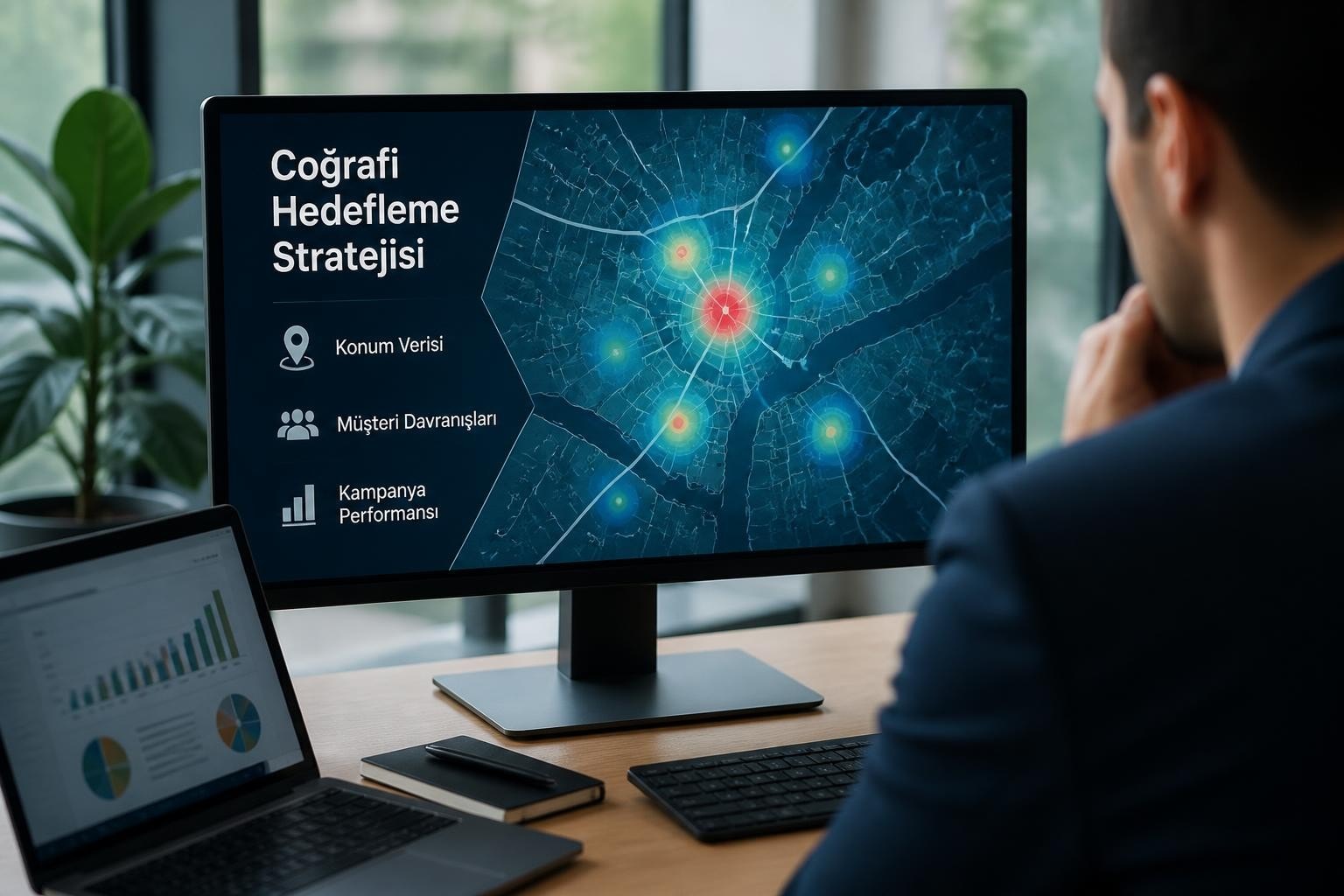 Monitor shows 'Coğrafi Hedefleme Stratejisi' with a network map and bullets: Konum Verisi, Müşteri Davranışları, Kampanya Performansı, while a person observes from the right.