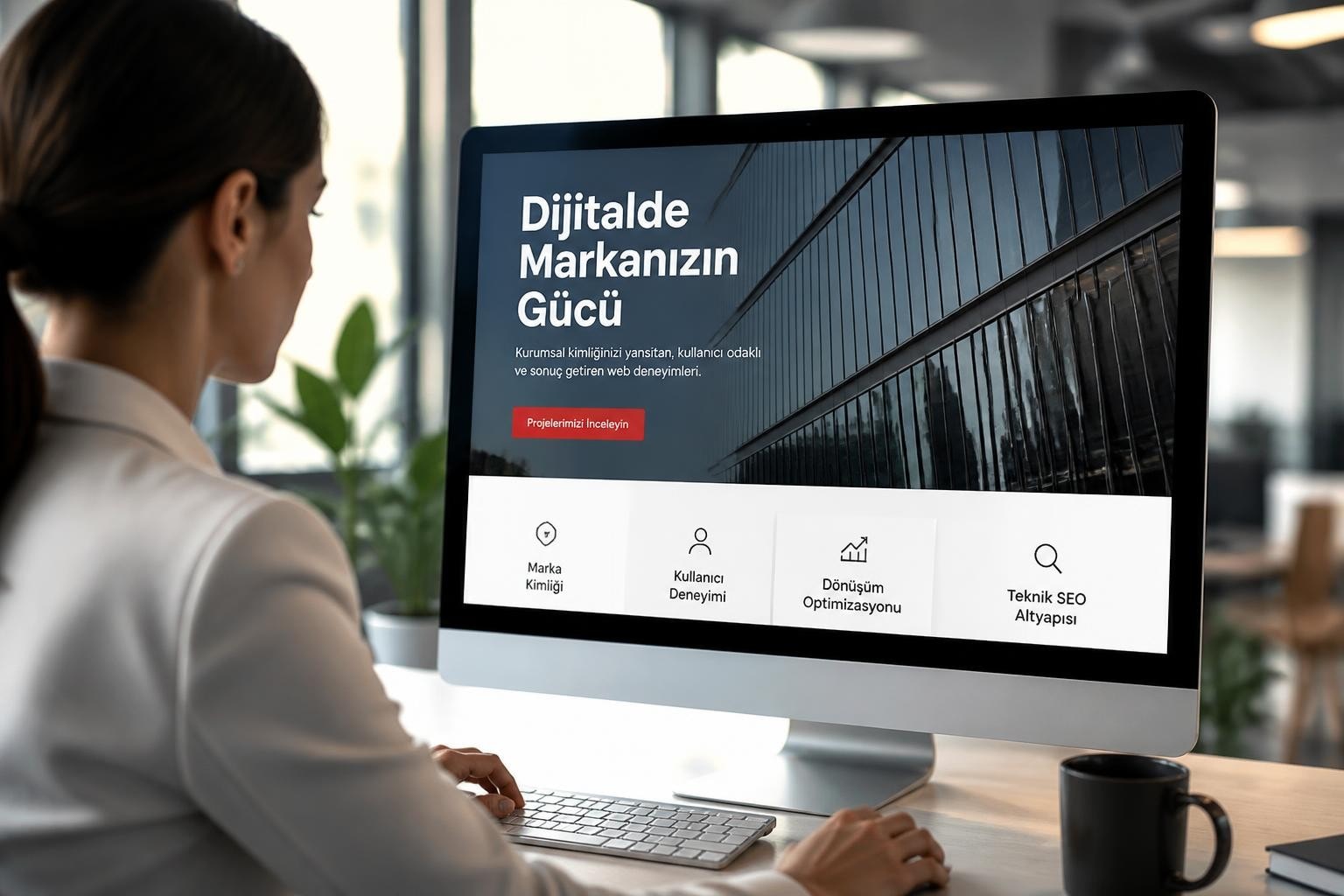 Kurumsal Web Tasarım 2026 Rehberi | Farah Creative - Farah Creative Office scene: woman at a desk looking at a large monitor displaying a Turkish digital marketing site with sections on brand identity and UX/SEO features.