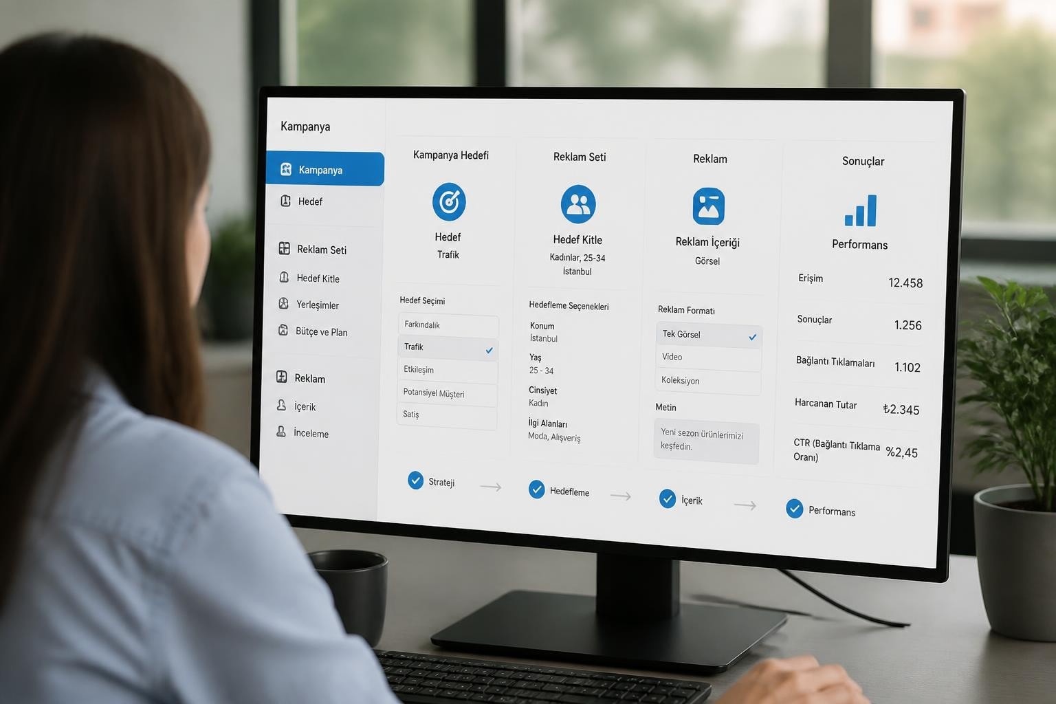 Person facing a monitor showing a Turkish marketing dashboard with campaign sections and icons on a multi-column layout.