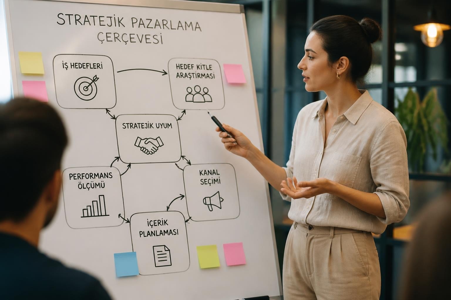 Woman presenting a Turkish workflow diagram on a whiteboard, pointing with a marker at boxes labeled like 'İş Hedefleri' and 'Stratejik Uyum'.