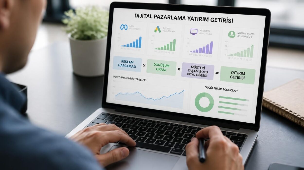 ROI Nedir Dijital Pazarlama Yatırım Getirisini Ölçme - Farah Creative Laptop screen shows a Turkish digital marketing ROI infographic with charts and a formula for ROI, ready for analysis.
