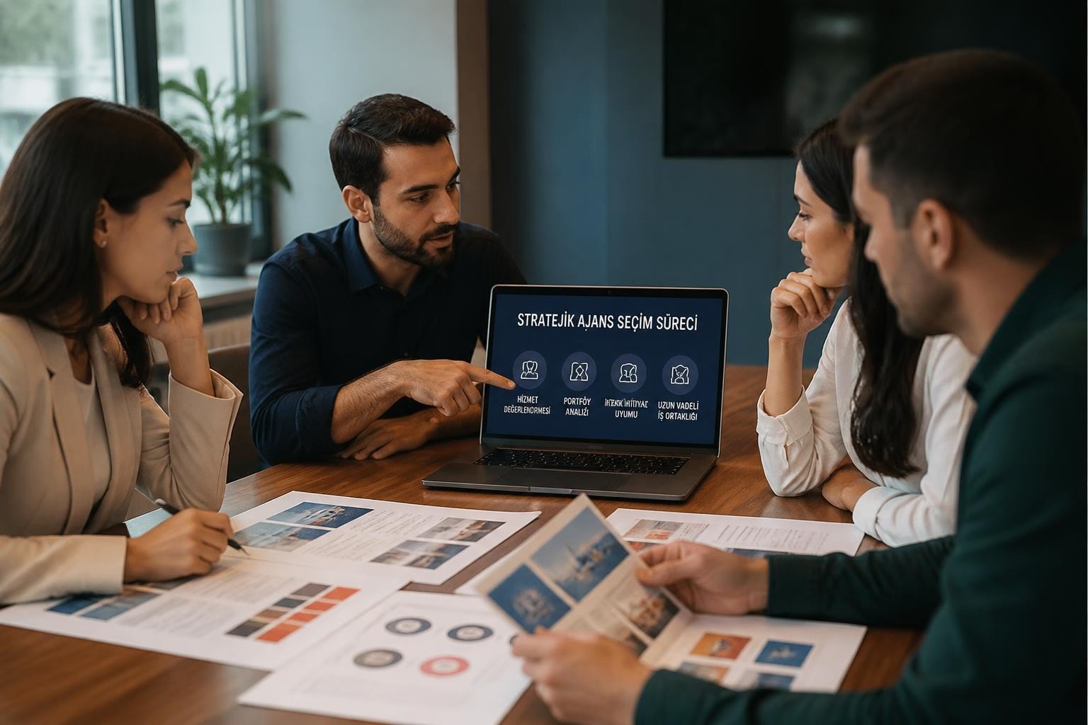 Four professionals in a meeting review printed materials as a laptop screen shows 'Stratejik Ajans Seçim Süreci' with icons on it.