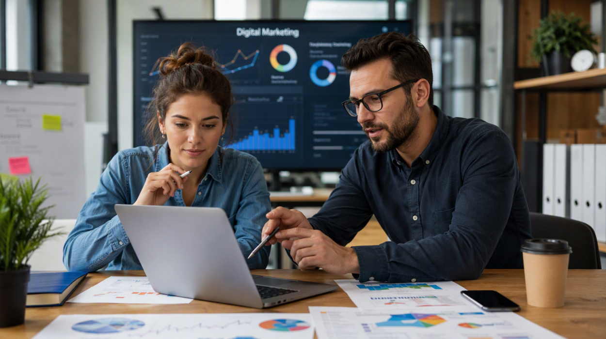 Two colleagues review data on a laptop at a desk, with charts and graphs on papers and a large analytics display behind them in an office setting.